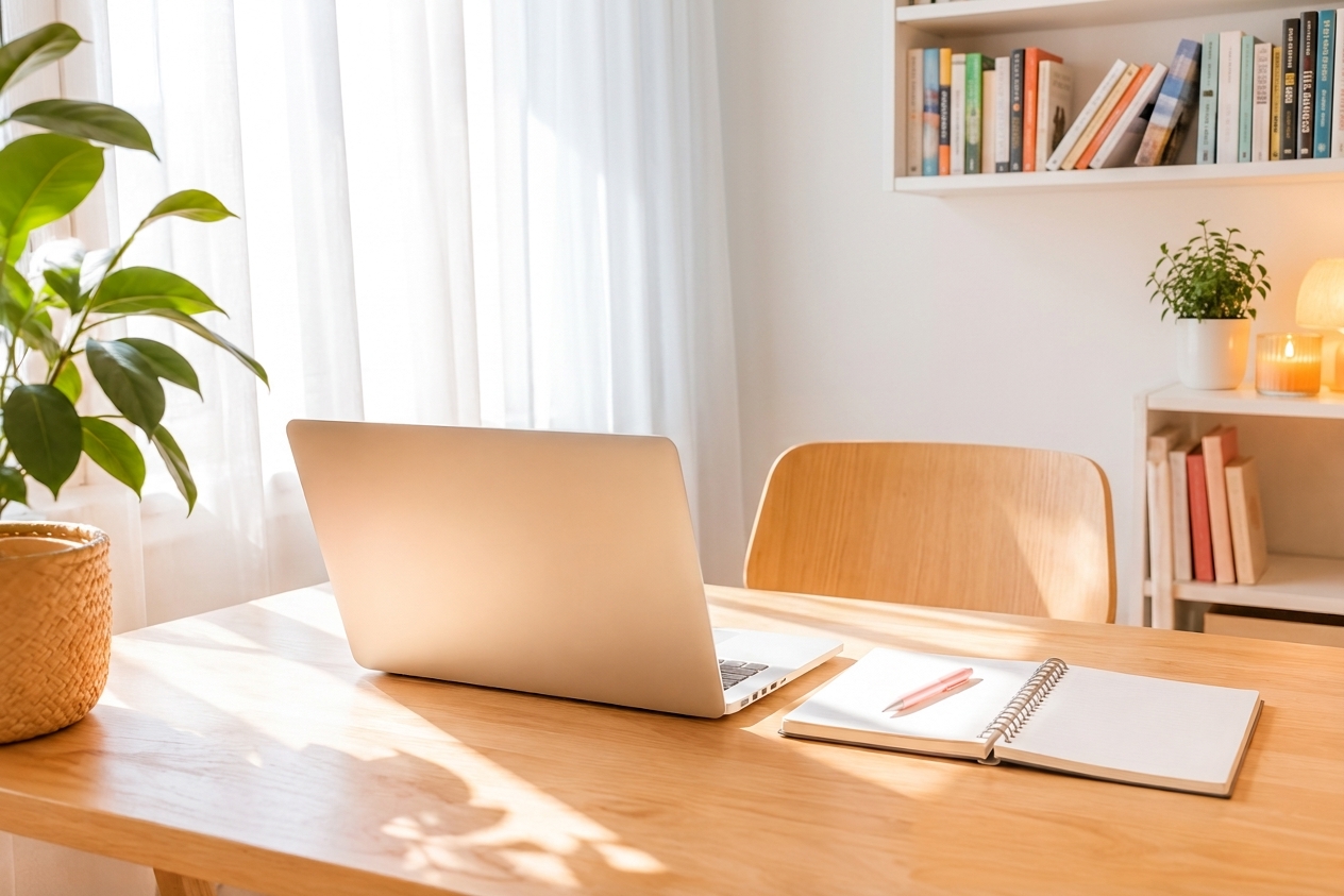 Espacio tranquilo con portátil preparado para una sesión online